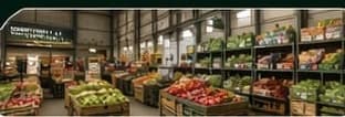 Crates and cases of fresh produce stacked along an aisle inside the Downtown L.A. Produce Market.