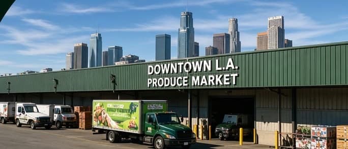 Delivery trucks loading at the Downtown L.A. Produce Market shed on McGarry Street, with the Los Angeles skyline behind it.